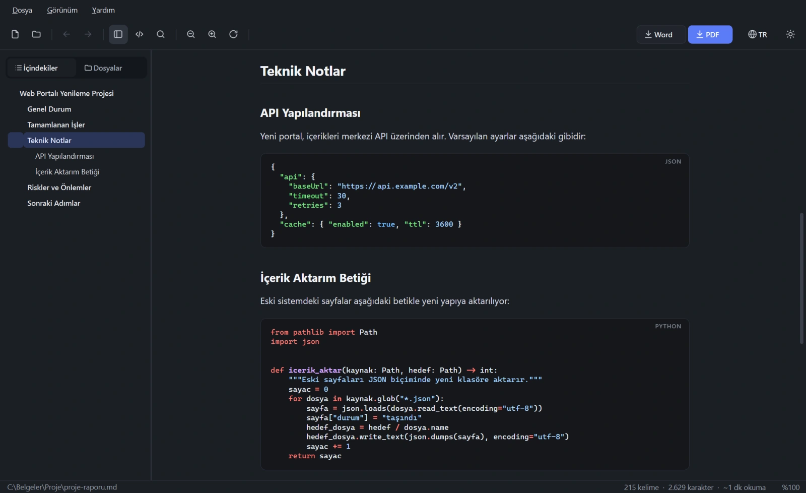 Koyu temada JSON ve Python kod blokları, dil etiketleriyle