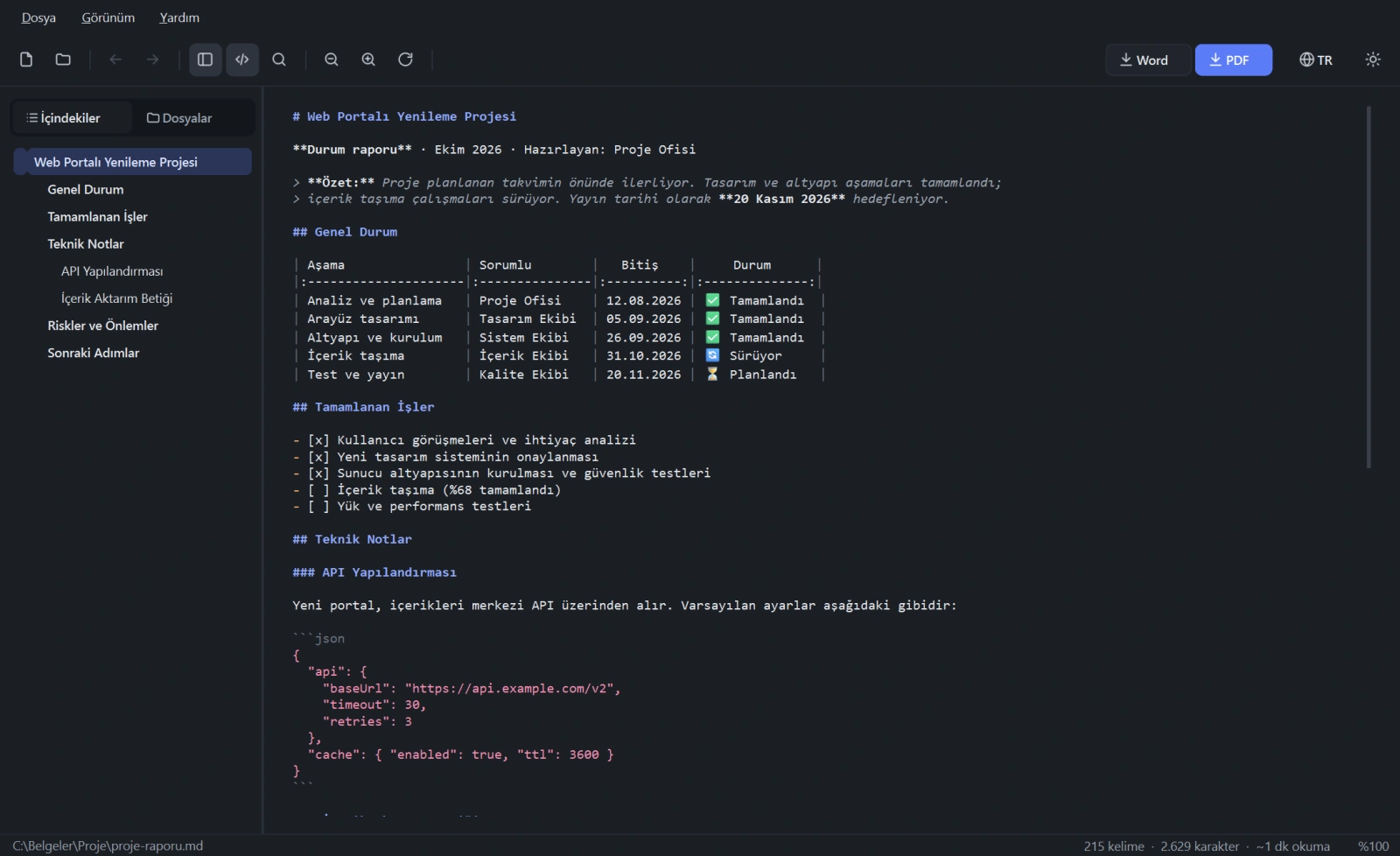 Koyu temada ham Markdown metni; başlıklar, tablo ve kod renklendirilmiş