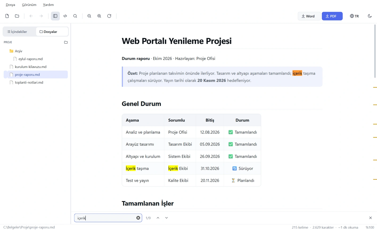 Dosyalar sekmesinde klasördeki Markdown dosyaları ve belgede vurgulanan arama sonuçları