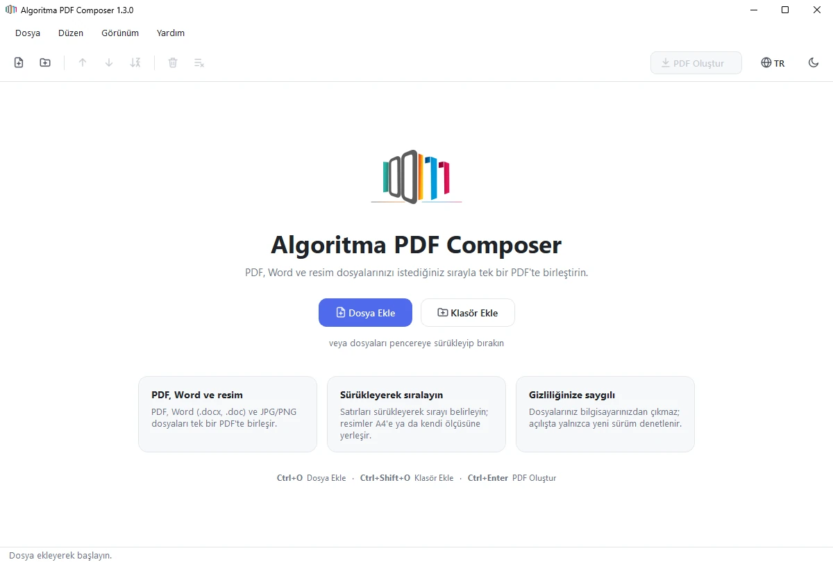 Algoritma PDF Composer karşılama ekranı; Dosya Ekle ve Klasör Ekle düğmeleri