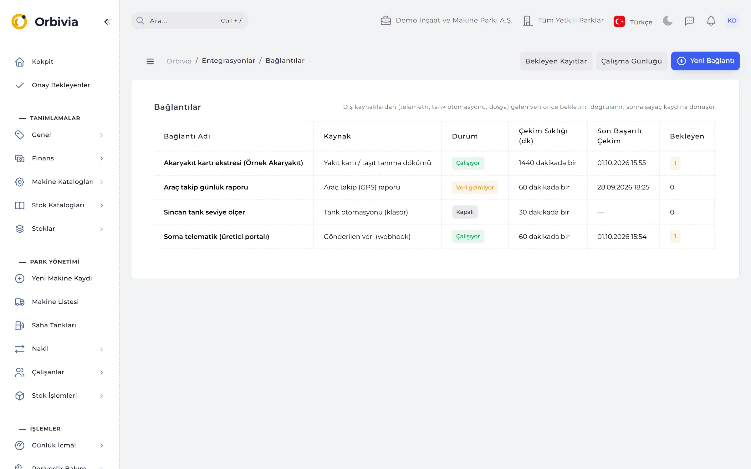 Connections: source types, status badges, last successful pull and pending records.