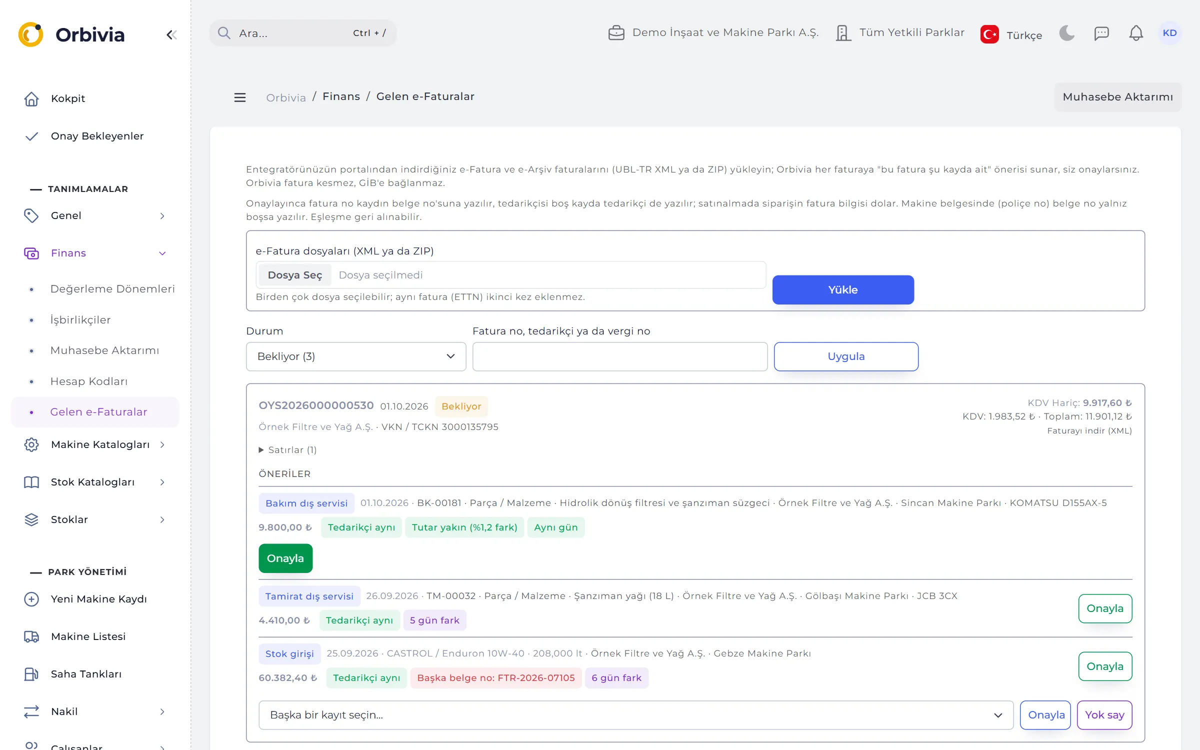Incoming e-Invoices: match suggestions with reason badges and one-click approval.