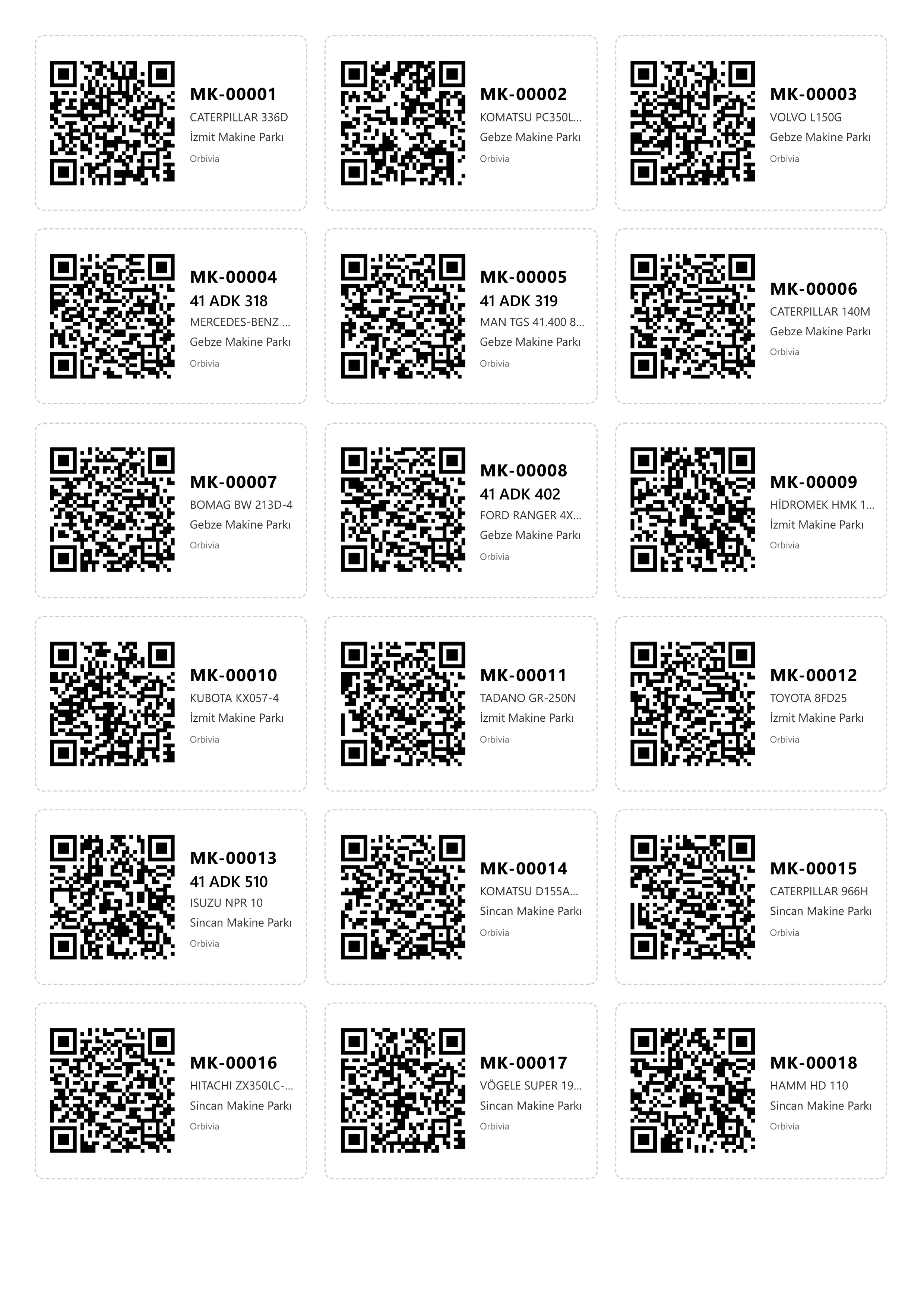 QR labels printed in one go for every machine matching the filter.
