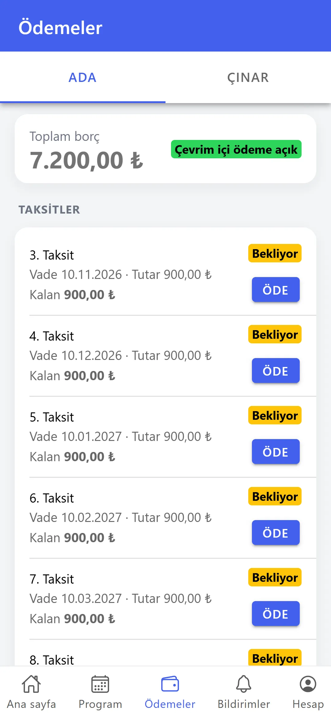 Aidat ekranı: taksitler, ödemeler ve kartla ödeme.