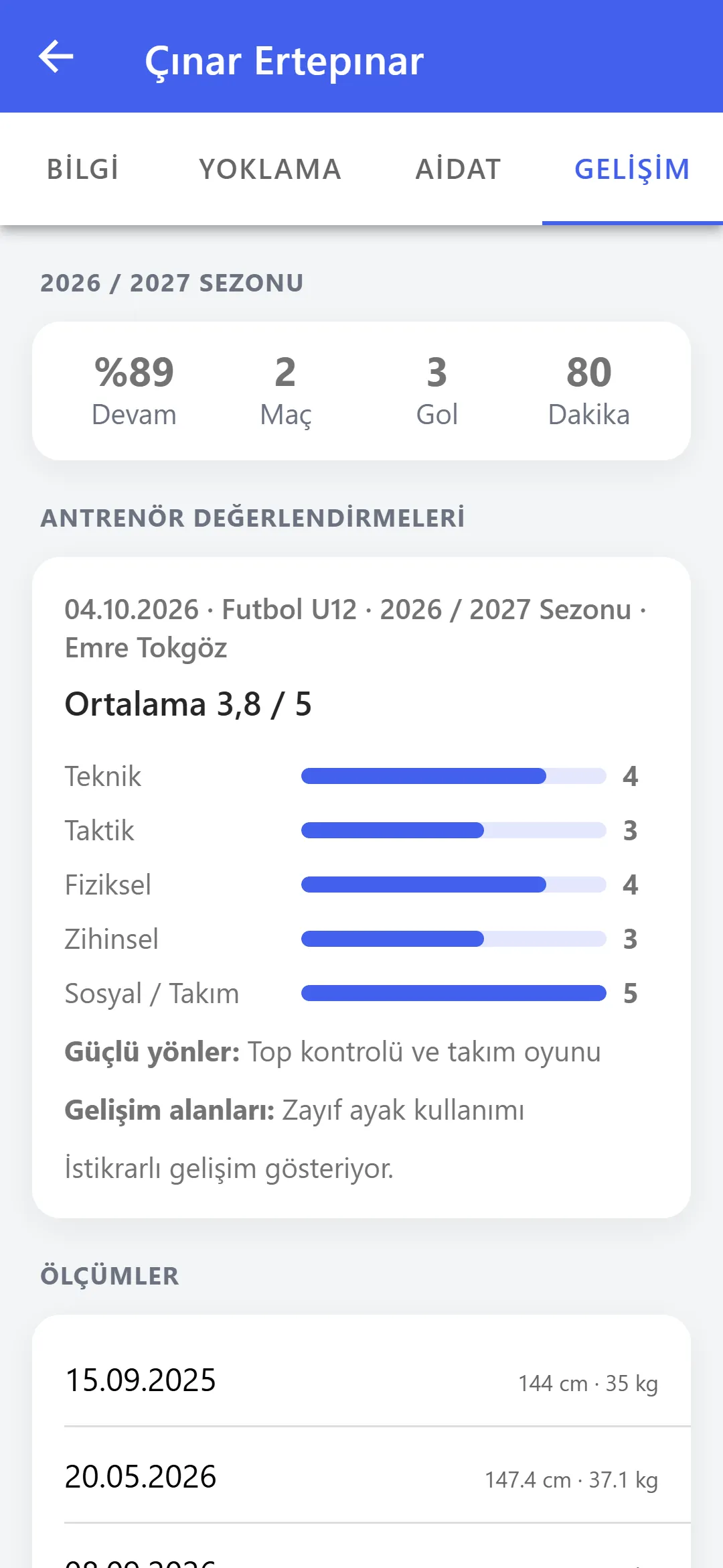 Veliyle paylaşılan değerlendirme ve gelişim karnesi.