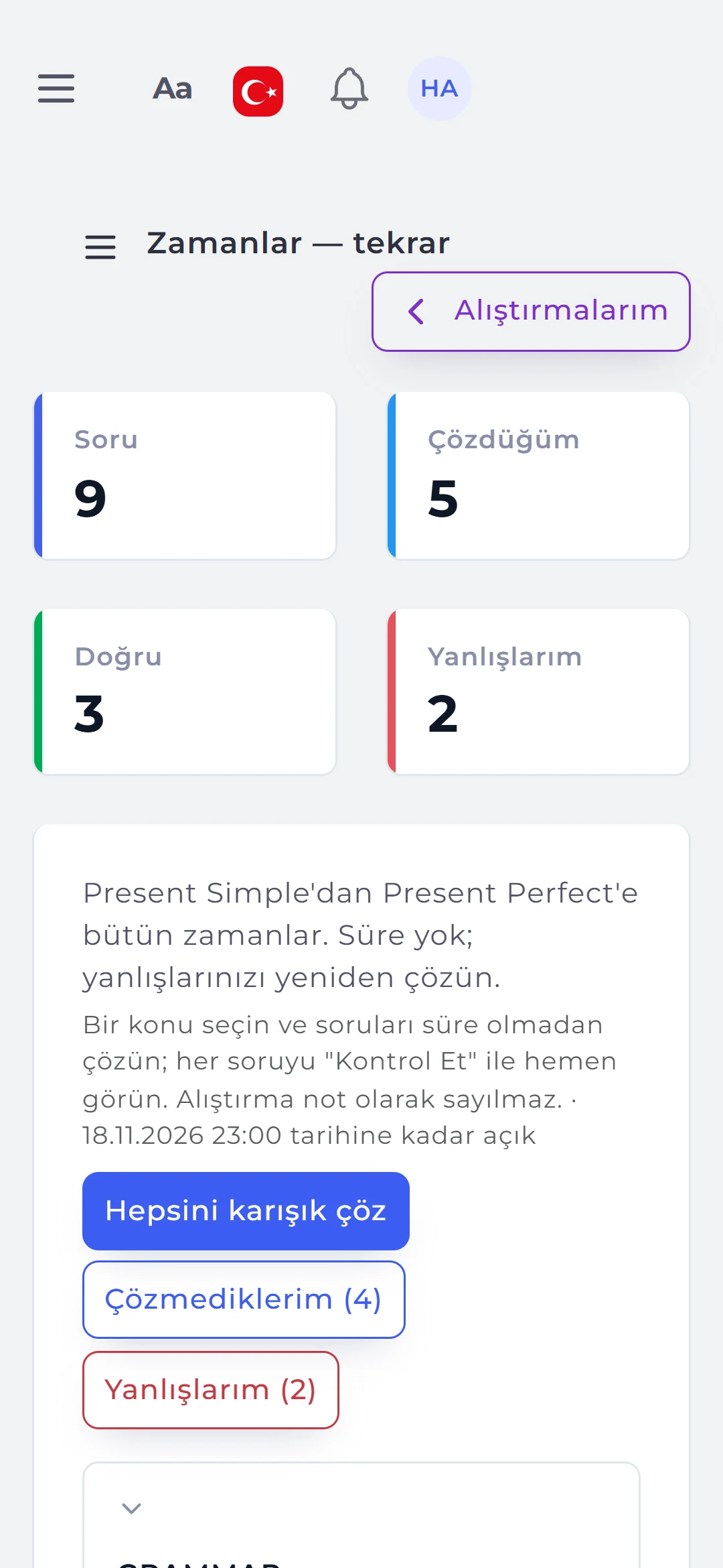 Practice: open questions, solved, correct and my mistakes; Solve, Unsolved and My mistakes.