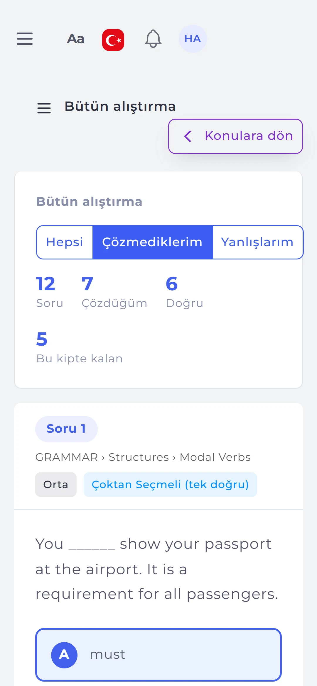 Question: category path, difficulty and type; the student picks an answer and taps Check.