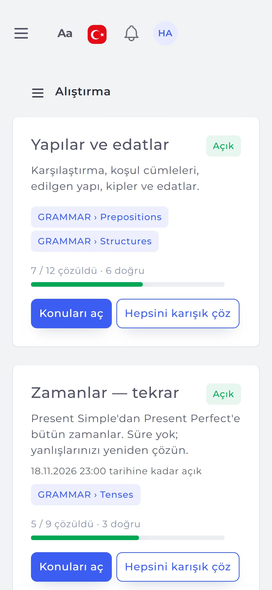 My practice: one card per practice session with topics, closing date and progress.