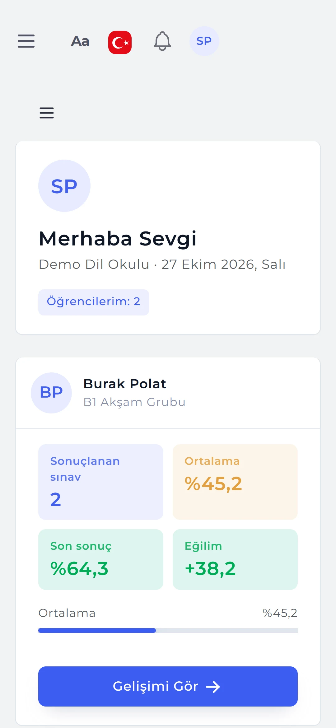 Veli paneli: kardeşler tek hesapta, her öğrencinin ortalaması ve eğilimi.