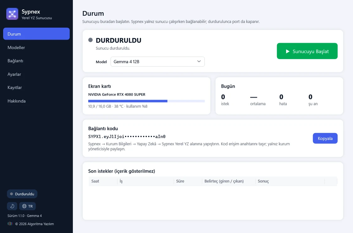 Sypnex Yerel YZ Sunucusu, Durum ekranı: model seçilir, Sunucuyu Başlat’a basılır; ekran kartı belleği, sıcaklık ve bugünkü istekler izlenir. Bağlantı kodu yalnız başı ve sonuyla görünür.